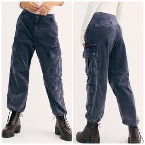 Free People Sahar Velvet Utility Pants Medium High Rise Slouchy Cargo Navy Blue